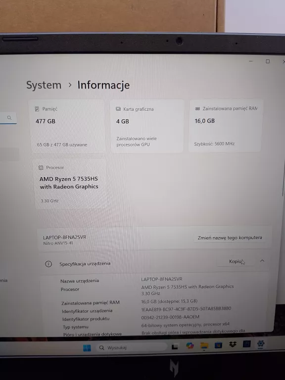LAPTOP ACER NITRO ANV15-41 KOMPLET