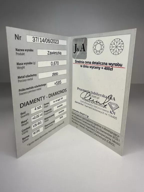 ZŁOTA ZAWIESZKA Z BRYLANTAMI 585 0,67G