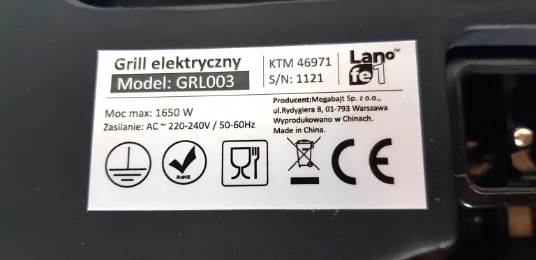 KONTAKTOWY GRILL ELEKTRYCZNY Z POKRYWĄ LAFE GRL003 1650W STAN BDB