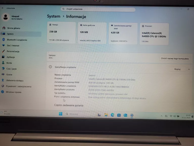 LAPTOP LENOVO IDEAPAD V130-15IGM 4GB/256GB/INTEL CELERON 4000