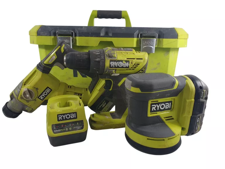 ZESTAW RYOBI WKRĘTARKA  RDD18C SZLIFIERKA RROS18 MŁOT R18SDS ŁADOWARKA