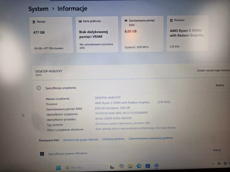 LAPTOP LENOVO V15 G2 ALC RYZEN 5/8GB/512GB + ŁAD