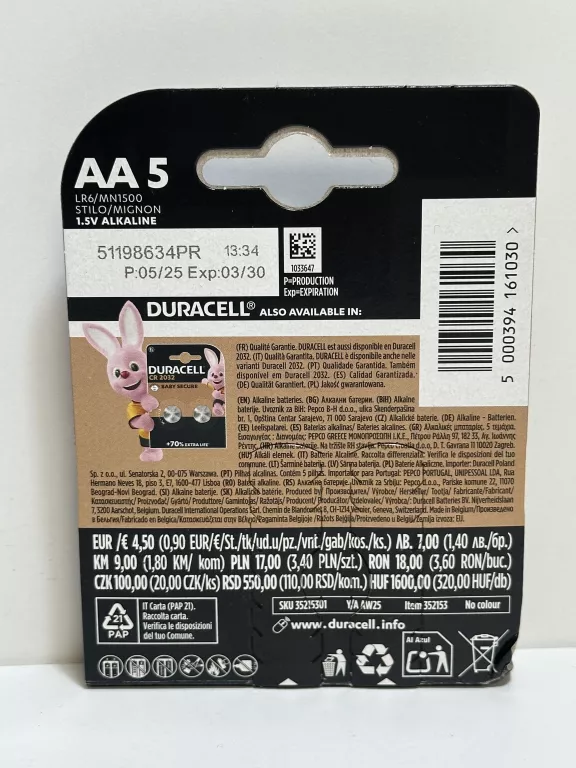 BATERIA ALKALICZNA DURACELL AA (R6) 5 SZT. WARTO