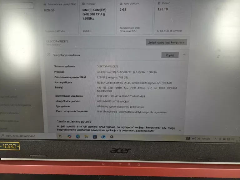 LAPTOP ACER NITRO 5 AN515-31-52MR I5/8GB/1,5TB/MX150 ZASILACZ