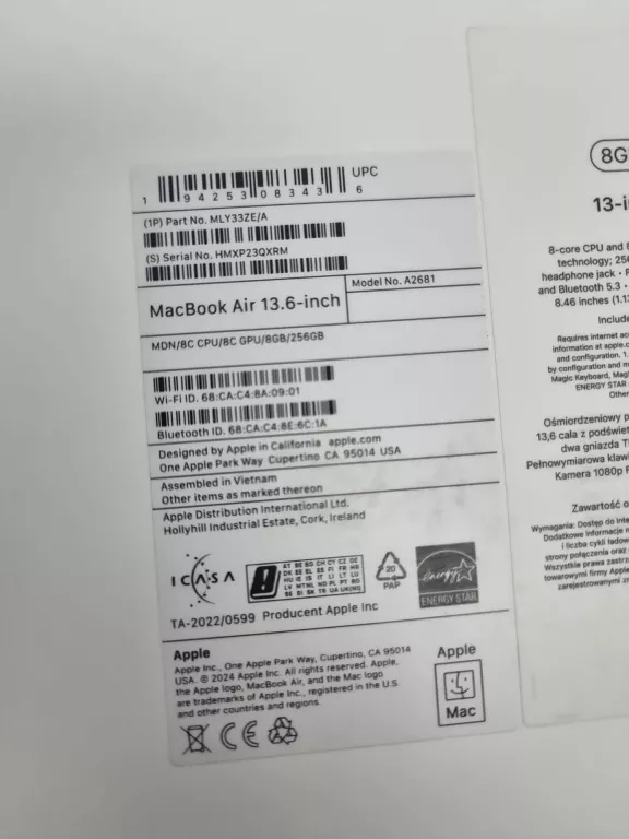 MACBOOK AIR M2 2022 13,6/M2/8GB/256GB