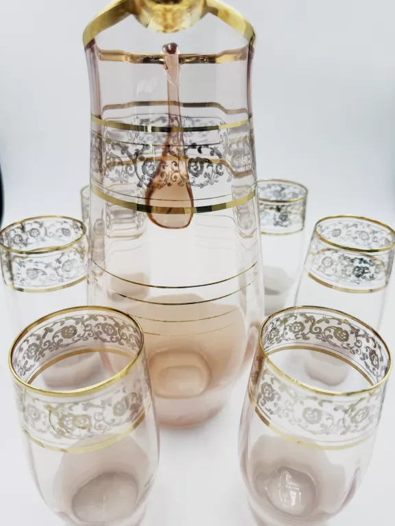 ZŁOCONY DZBANEK DO KOMPOTU+6 SZKLANEK PRL