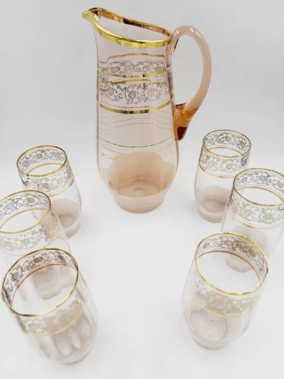 ZŁOCONY DZBANEK DO KOMPOTU+6 SZKLANEK PRL