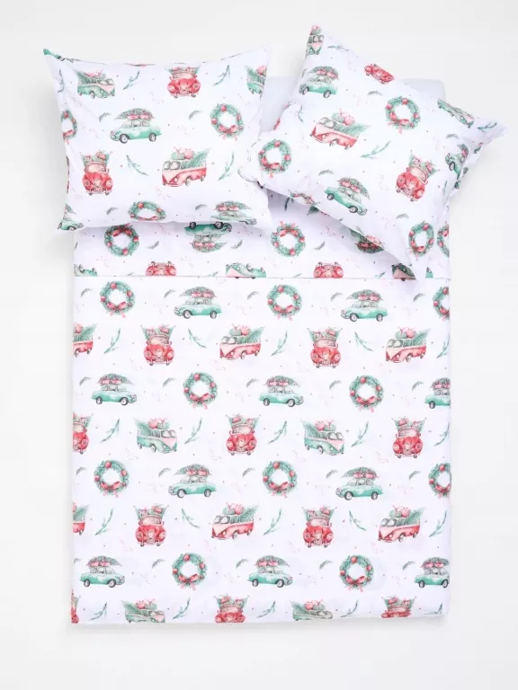 KOMPLET POŚCIELI ŚWIĄTECZNEJ STROIKI AUTKA 160X200 2X 70X80 CM