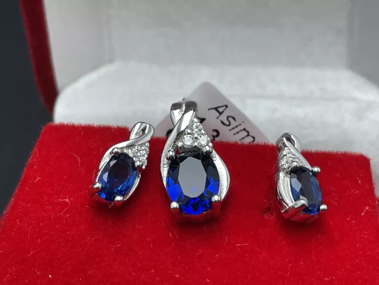 SREBRNY KOMPLET KOLCZYKI + WISIOREK  NIEBIESKIE KAMIENIE CYRKONIE 925