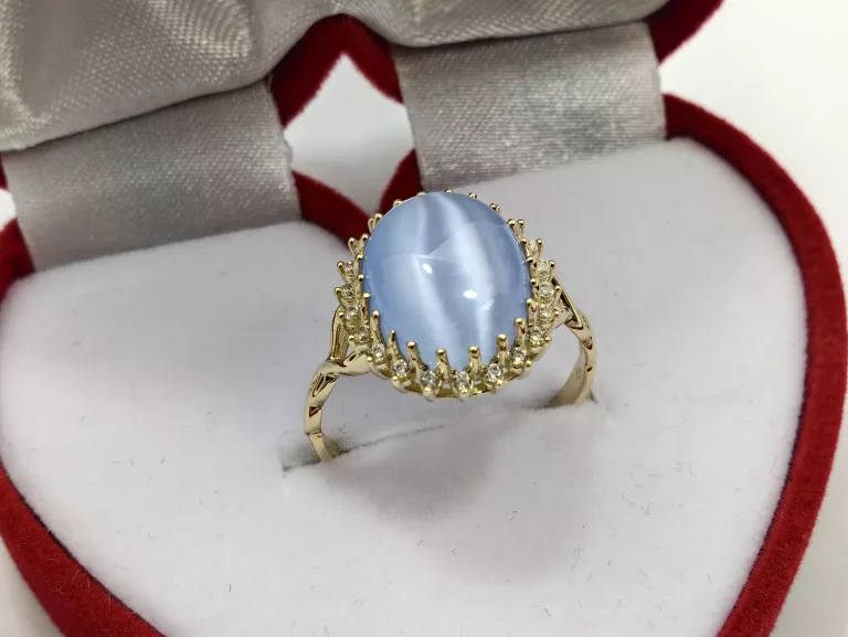 ZŁOTY PIERŚCIONEK Z BŁĘKITNYM KOCIM OKIEM 3,14G PR.585 14K R17