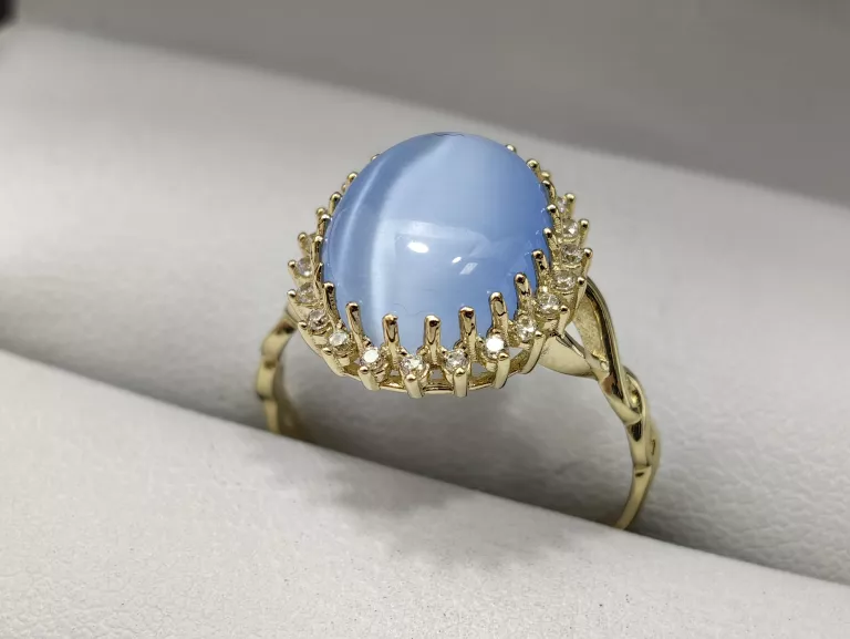 ZŁOTY PIERŚCIONEK Z BŁĘKITNYM KOCIM OKIEM 3,14G PR.585 14K R17