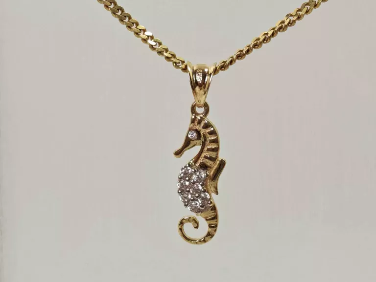 ZŁOTA ZAWIESZKA 585 0,76G KONIK MORSKI PAWIKONIK CYRKONIE 22MM