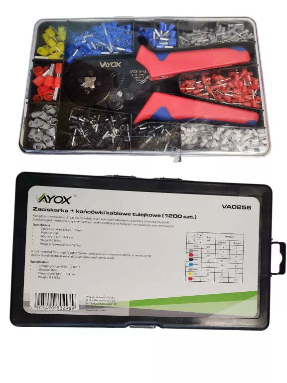 ZACISKARKA + KOŃCÓWKI KABLOWE TULEJKOWE 1200 SZT. VA0256 VAYOX