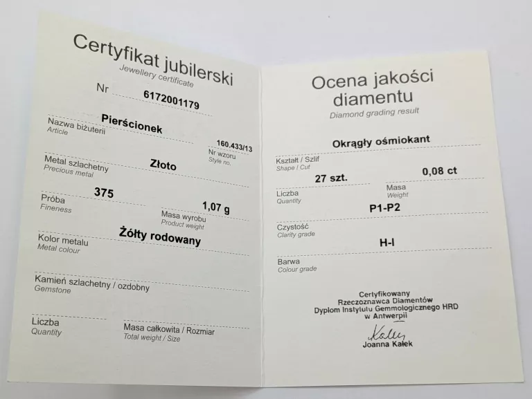 ZŁOTY PIERŚCIONEK Z DIAMENTAMI 0,08CT 375 1,07G R14