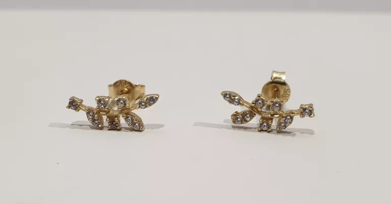 ŚLICZNE  ZŁOTE KOLCZYKI WKRĘTY LISTKI Z CYRKONIĄ P585 G1,05