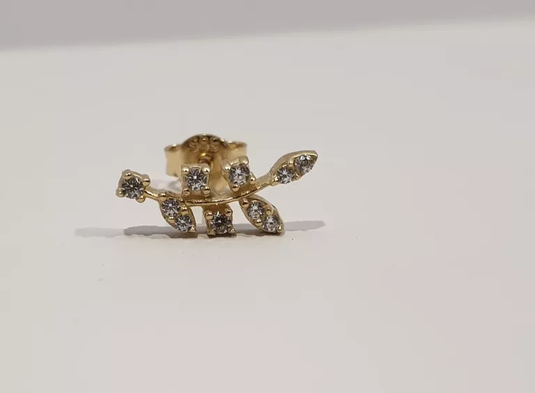 ŚLICZNE  ZŁOTE KOLCZYKI WKRĘTY LISTKI Z CYRKONIĄ P585 G1,05