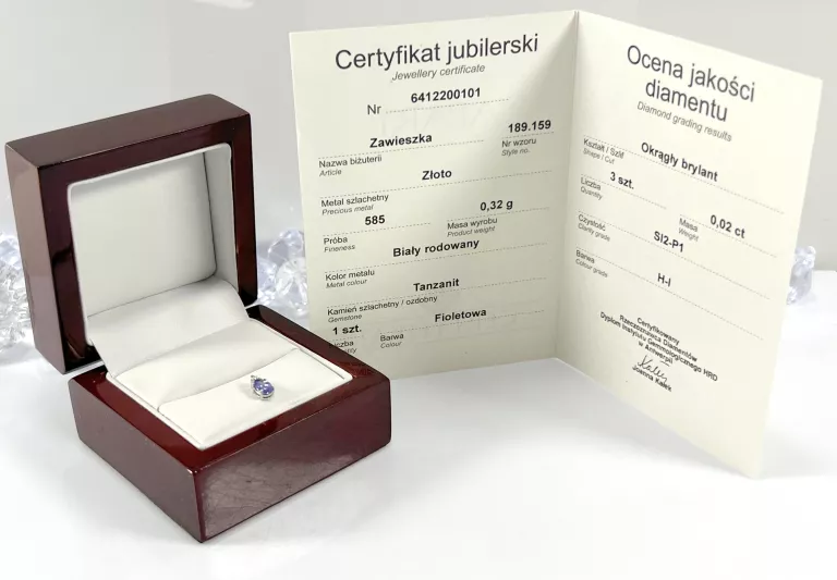 ZŁOTA ZAWIESZKA BIAŁE ZŁOTO BRYLANTY 0,02CT TANZANIT 0,45CT 585 0,32G