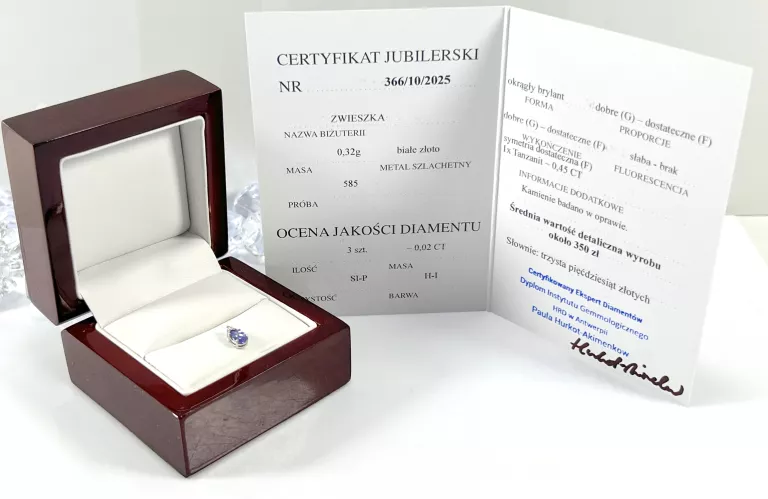 ZŁOTA ZAWIESZKA BIAŁE ZŁOTO BRYLANTY 0,02CT TANZANIT 0,45CT 585 0,32G