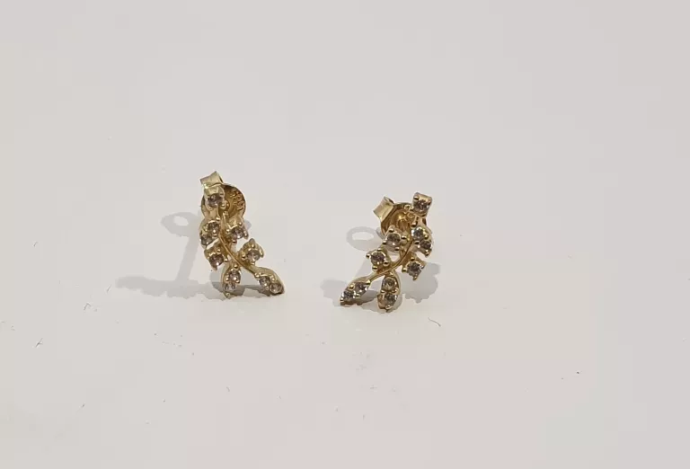 ŚLICZNE  ZŁOTE KOLCZYKI WKRĘTY LISTKI Z CYRKONIĄ P585 G1,05