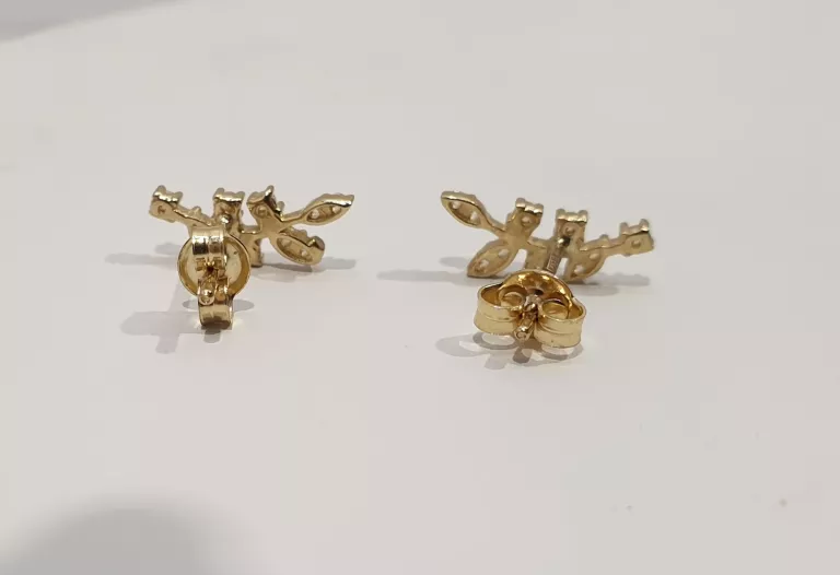 ŚLICZNE  ZŁOTE KOLCZYKI WKRĘTY LISTKI Z CYRKONIĄ P585 G1,05