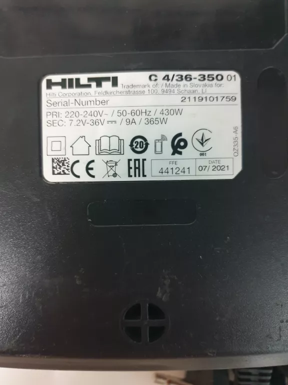 ŁADOWARKA HILTI C 4/36-350 SZYBKA DO AKUMULATORÓW LI-ION 12-36V