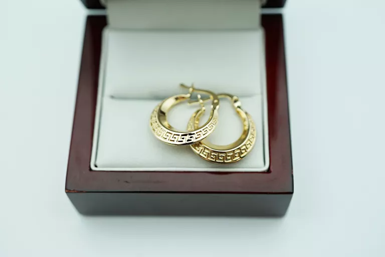 ZŁOTE WISZĄCE KOLCZYKI KOŁA WZÓR GRECKI 585/1,84G/ZATRZASK