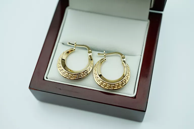 ZŁOTE WISZĄCE KOLCZYKI KOŁA WZÓR GRECKI 585/1,84G/ZATRZASK