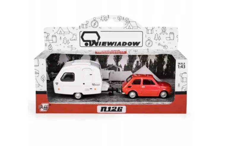 116092 MODEL FIAT 126P NIEWIADÓW N126 CZERWONY MALUCH Z PRZYCZEPĄ 1:43