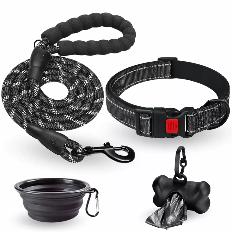 ZESTAW DLA PSA ODBLASKOWA OBROŻA I SMYCZ, MISKA, DYSPENSER NA WORKI