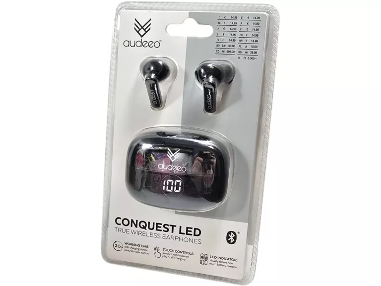 DOUSZNE SŁUCHAWKI BEZPRZEWODOWE TWS LED AUDEEO CZARNE