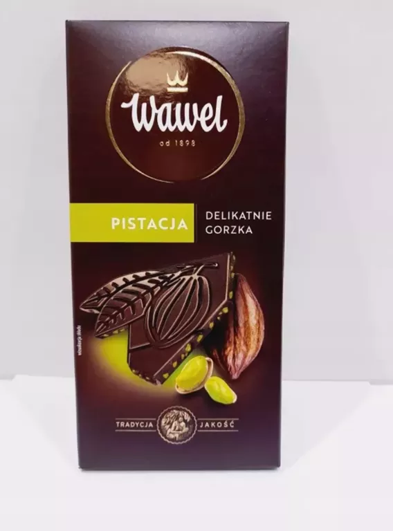 CZEKOLADA GORZKA PREMIUM 43% Z CZĄSTKAMI SOLONEJ PISTACJI WAWEL 90G