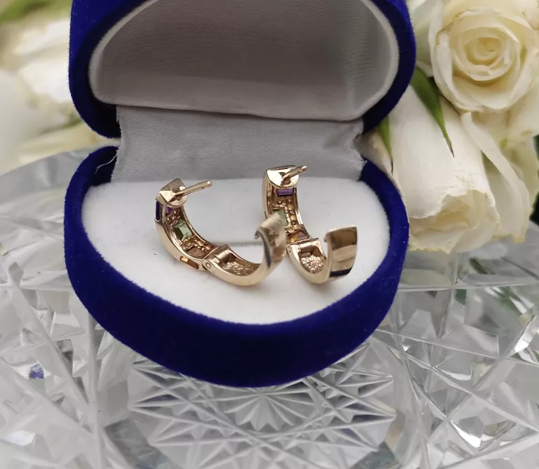 ZŁOTE KOLCZYKI KÓŁECZKA Z CYRKONIAMI KOLOROWE SZKIEŁKA 375 3,38G