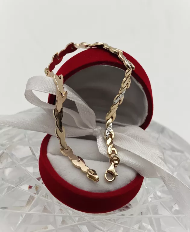 SEGMENTOWA ZŁOTA BRANSOLETKA LISTKI DWA KOLORY 585 5,19G 19C,5CM