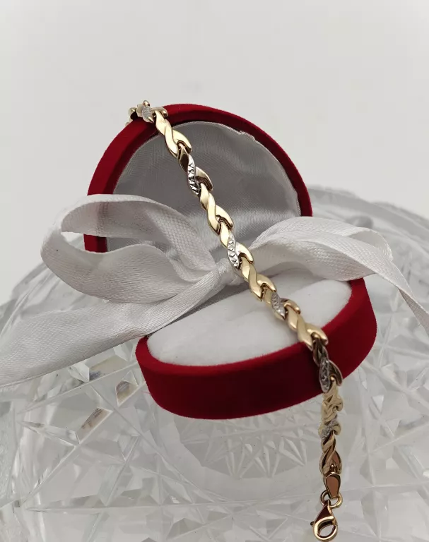 SEGMENTOWA ZŁOTA BRANSOLETKA LISTKI DWA KOLORY 585 5,19G 19C,5CM