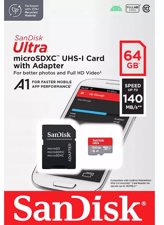 SANDISK KARTA ULTRA MICROSDXC 64GB 140MB/S A1 + ADAPTER SD 619659200541
