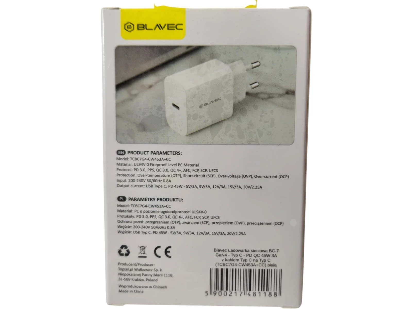blavec-bc-7-gan4-typ-c-pd-qc-45w-3a-z-kablem-typ-c-na-typ-c-biala-ean-gtin-5900217481171