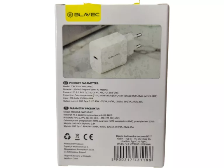blavec-bc-7-gan4-typ-c-pd-qc-45w-3a-z-kablem-typ-c-na-typ-c-biala-ean-gtin-5900217481171