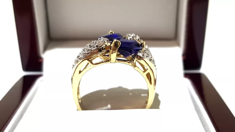 WYRÓB JUBILERSKI UŻYWANY ZŁOTY PIERŚCIONEK NIEBIESKIE KAMIENIE585 R16 6,54