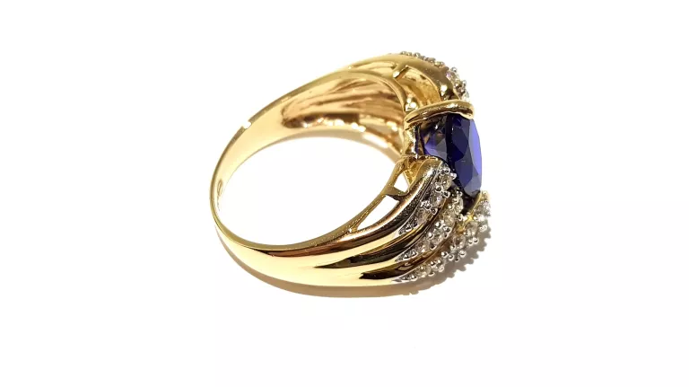 WYRÓB JUBILERSKI UŻYWANY ZŁOTY PIERŚCIONEK NIEBIESKIE KAMIENIE585 R16 6,54