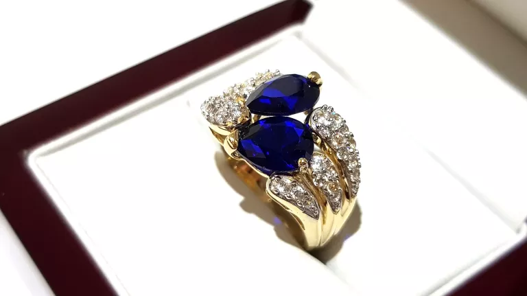 WYRÓB JUBILERSKI UŻYWANY ZŁOTY PIERŚCIONEK NIEBIESKIE KAMIENIE585 R16 6,54