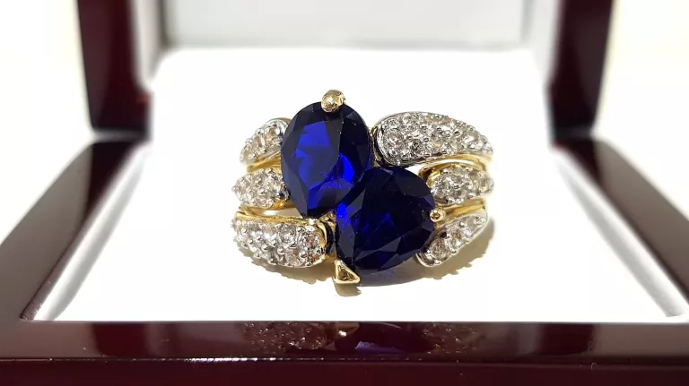 WYRÓB JUBILERSKI UŻYWANY ZŁOTY PIERŚCIONEK NIEBIESKIE KAMIENIE585 R16 6,54