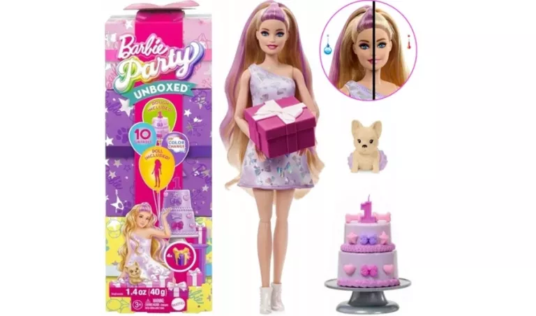 MATTEL BARBIE PARTY UNBOXED LALKA Z SERII: URODZINY + PIES CHIHUAHUA ZA606