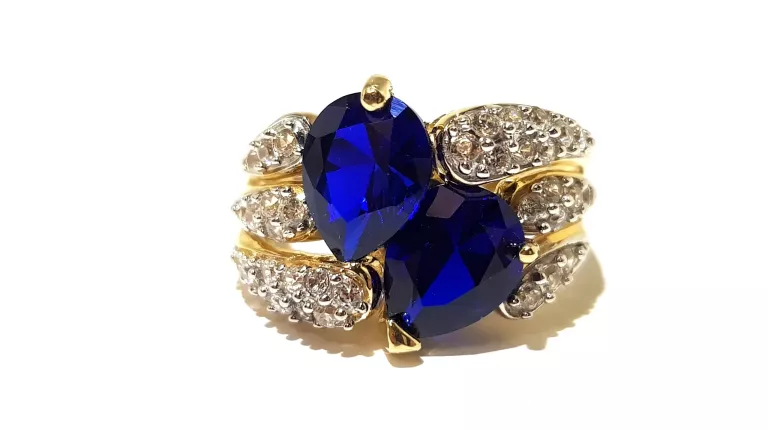 WYRÓB JUBILERSKI UŻYWANY ZŁOTY PIERŚCIONEK NIEBIESKIE KAMIENIE585 R16 6,54