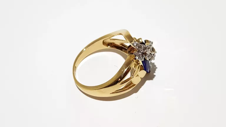 WYRÓB JUBILERSKI UŻYWANY ZŁOTY PIERŚCIONEK LISTKI NIEBIESKI P585 R17 5,70G