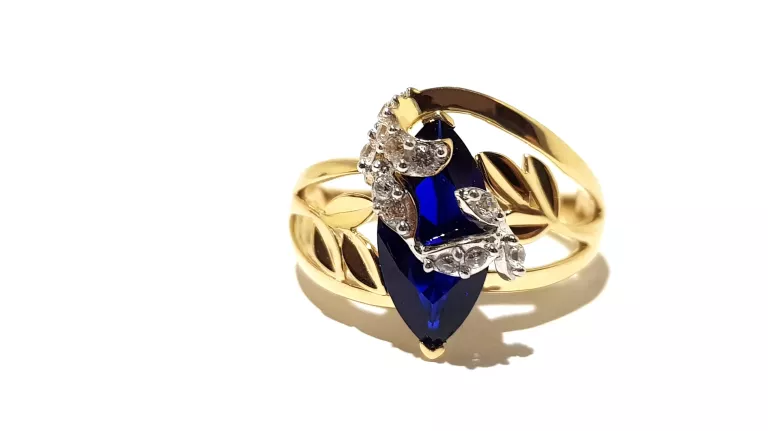 WYRÓB JUBILERSKI UŻYWANY ZŁOTY PIERŚCIONEK LISTKI NIEBIESKI P585 R17 5,70G