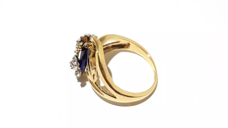 WYRÓB JUBILERSKI UŻYWANY ZŁOTY PIERŚCIONEK LISTKI NIEBIESKI P585 R17 5,70G