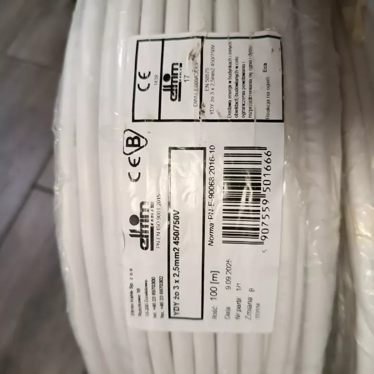 PRZEWÓD ELTRIM KABLE YDY ŻO 3 X 2,5 MM  450/750V OKRĄGŁY