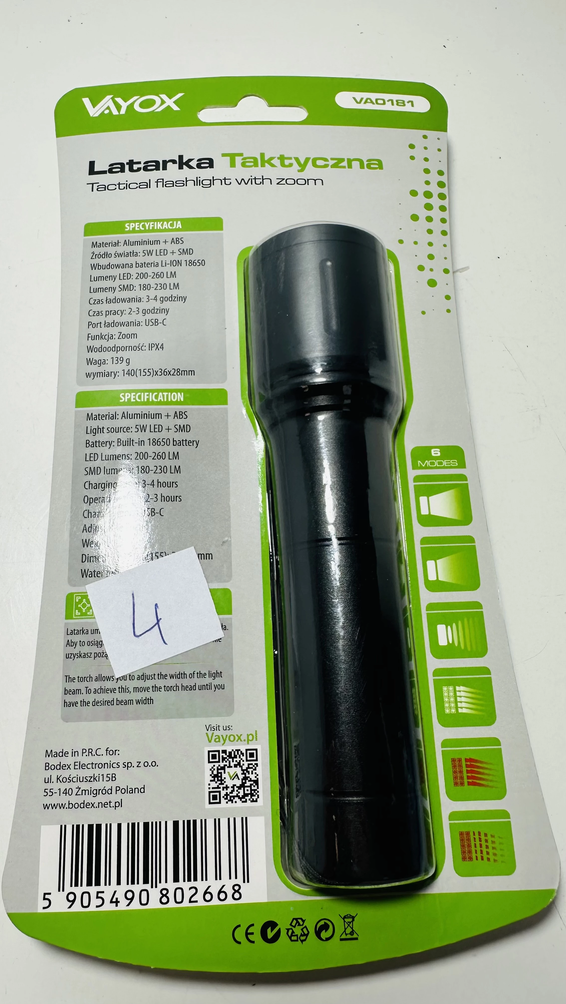 latarka-taktyczna-led-ze-swiatlem-bocznym-vayox-va0181-akumulatorowa-260lm-stan-11323-238058
