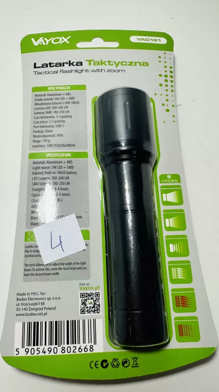 latarka-taktyczna-led-ze-swiatlem-bocznym-vayox-va0181-akumulatorowa-260lm-stan-11323-238058