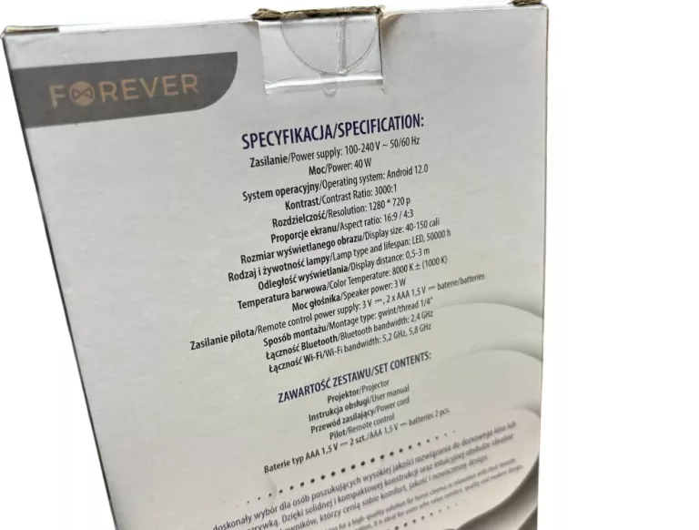 PROJEKTOR FOREVER FP-100 SMART LED WIFI BLUETOOTH FULL HD 150" BIAŁY